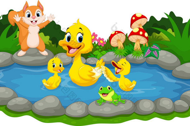 鸭妈妈和<strong>小鸭子</strong>在池塘里游泳 