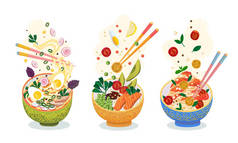食物套餐。热菜配面意大利面，米饭配鱼和蔬菜，亚洲拉面配蛋，用色彩艳丽的民间深碗盛。飞行配料、配料和筷子