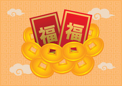 中国新年的红数据包和金币