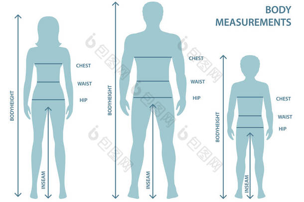 Silhouttes 的人, <strong>妇女</strong>和男孩全长与测量线的身体参数。男子, <strong>妇女</strong>和儿童尺寸测量。人体测量和比例.