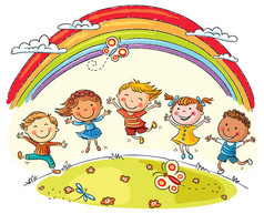 孩子们与喜悦在彩虹下跳