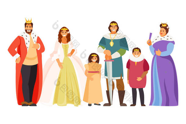 大童话皇家家庭。国王、王后、王子、公主、皇家儿童