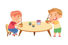 儿童花园中的小男孩们围坐在桌旁，手绘陶瓷器皿的图解