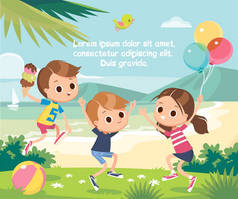 快乐的孩子们，带着微笑的孩子们，手拉手在海滨的海滩上跳到外面去，开心地享受着美好的心情，嬉戏着.