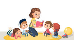 在小学、幼儿园、家庭的花园教室里，妈妈在给孩子们读书。照顾小孩。孩子们听老师的话.