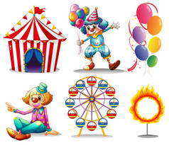 马戏团帐篷、 小丑、 摩天轮、 气球和火圈