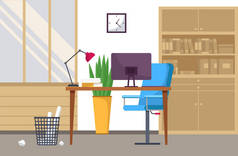 现代工作场所平面设计。办公室椅子和写字台，书堆在舒适的房间里