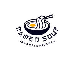 日本厨房，拉面汤，鸡蛋面，标志设计。食品、餐馆、饮食和食堂、设计和说明
