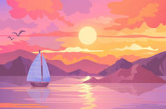 色彩艳丽的夕阳西下，有帆船和鸟儿