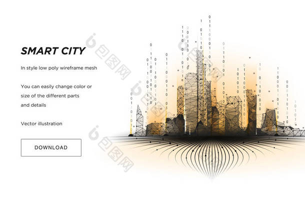 智能城市低聚线框在白色背景。城市高科技抽象或大都市。智能楼宇自动化系统的经营理念。多边形空间低多边形与连接的点和线。Vec