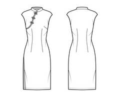 齐宝旗袍技术时尚图例与短袖，合身，膝盖长铅笔裙。扁平 