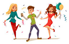 青年少年跳舞在*媒介动画片男孩和女孩孩子庆祝生日或假日的字符