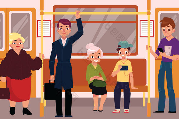 人们在地铁火车车厢，坐、 站立和抱着扶手