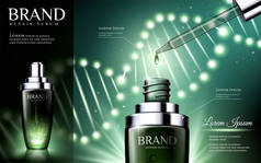 3D示例中具有发光基因螺旋效应的绿色护肤液滴瓶广告