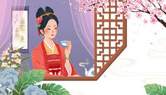 中国古代女孩坐在窗边，享受着一杯热茶，享受着平面设计中的休闲与健康生活