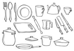 一套做饭和吃饭用的盘子。餐具、烘焙用具和平底锅。轮廓黑白绘图,孤立的图像.Doodle.