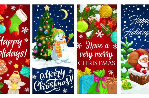 圣诞老人站在烟囱里,雪人拿着圣诞礼物和圣诞树上的问候横幅.送礼箱、铃袋、圣诞老人袋、糖果手杖、星雪、袜子、姜饼、雪花、球、天使