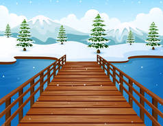 动画片冬天风景与山和木桥梁在河