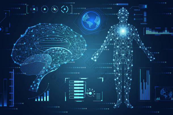 抽象技术用户界面未来概念大脑和人体显式界面全息图元素数字数据图, 通信, <strong>计算</strong>和健康创新的高科技未来设计<strong>背景</strong>