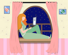 一个女人坐在家里的窗台上，在笔记本电脑前工作。自由概念，由于covid-19而实行的检疫.
