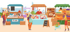 粮食市场销售摊位、当地农民肉铺、鱼缸店、面包店和蔬菜水果摊位均为平面图解.