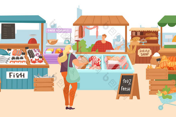 粮食<strong>市场销售</strong>摊位、当地农民肉铺、鱼缸店、面包店和蔬菜水果摊位均为平面图解.