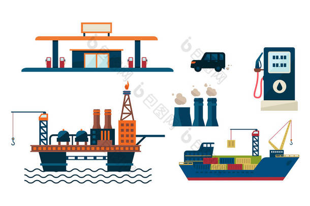 石油工业经营理念。石油平台、加油站、汽车、<strong>船舶</strong>、工厂的扁平设计。石油开采