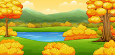 秋天风景与河和树