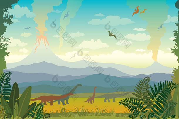 史前动物和景观。恐龙的剪影.