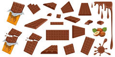 巧克力。 山核桃。 牛奶巧克力。 用烘烤和研磨可可豆籽制成的甜块. 牛奶巧克力条和块。 是的，是的 一套不同的巧克力产品的前缀.