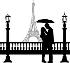 浪漫情侣在埃菲尔铁塔在巴黎下伞剪影