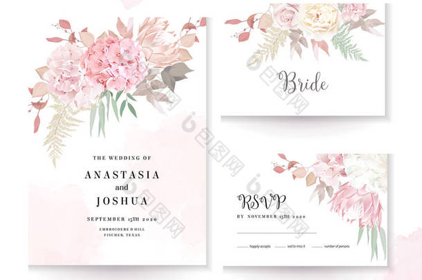 有粉色水彩画和干花的精致婚礼卡片