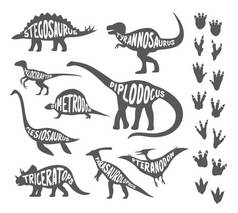 以各种绘画恐龙为背景，并在白色背景上留下它们腿的痕迹