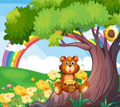 一只熊在树下一起在后面的彩虹