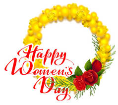 快乐妇女节文本问候卡。黄含羞草和红玫瑰花。相思花花圈象征国际妇女节