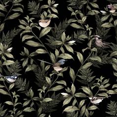 叶片、枝条和鸟类呈载体的无缝花图案。鸟类的无缝黑色背景