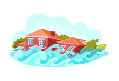 自然灾害和洪水。房屋被毁，水涨船高。灾变、灾难、自然破坏和环境破坏