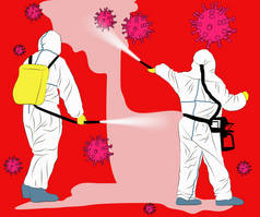 一群身着防护服、身披红色背景的人带着大肠埃希菌的图像。穿着防护服的医生会消灭细菌.