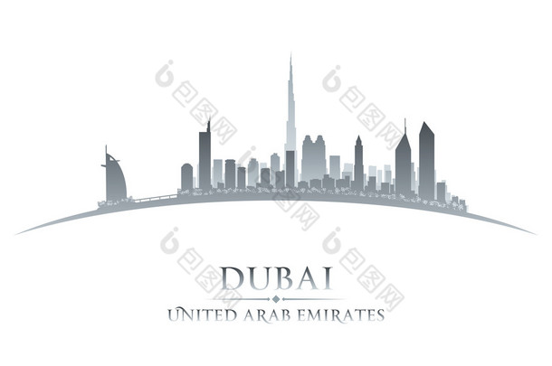 迪拜阿拉伯联合酋长国城市天际线轮廓白色背景