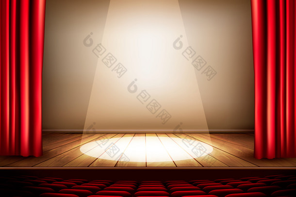 用一个红色的帷幕，座椅和聚光灯的剧院舞台。vecto