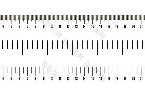 具有不同单位距离、英寸和厘米的标尺大小指示器集.