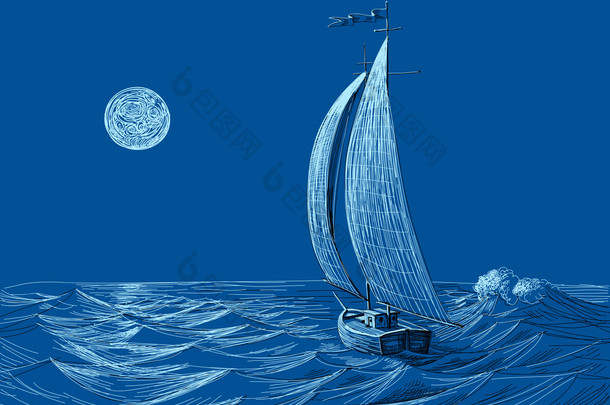 夜海视图只扬帆的船在月光下