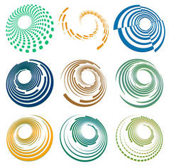 一组单色，单色的涡旋，涡旋。形状与旋转，旋转，螺旋扭曲。螺旋、体积和丝线设计元件
