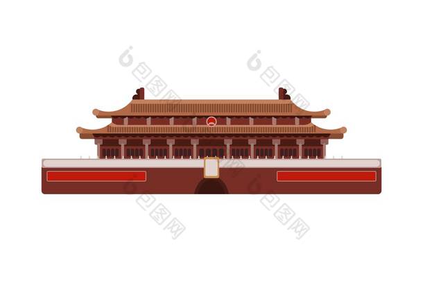 中国宫殿的红色建筑。白色背景扁平
