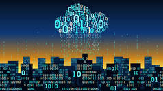 抽象未来智能城市与物联网和人工智能，连接云存储大数据，二进制雨 -数据流，网络数字技术概念