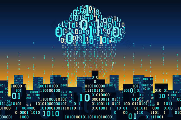 抽象未来智能城市与物联网和人工智能，连接云存储大数据，二进制雨 -数据流，网络数字技术概念