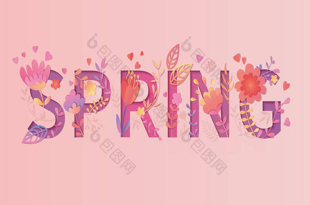 <strong>春</strong>卡, 剪纸风格。花和叶子在粉红色的背景.