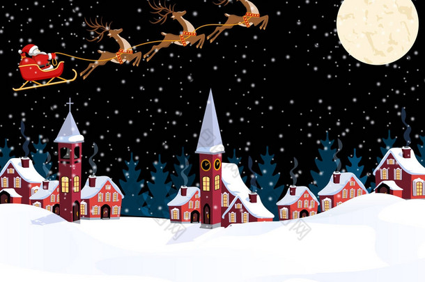 新年圣诞节。圣诞老人和鹿的形象。新年前夕的冬天城市。雪, 月亮, 教堂, 市政厅。图
