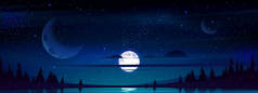 满月在夜空中，星星在池塘之上.