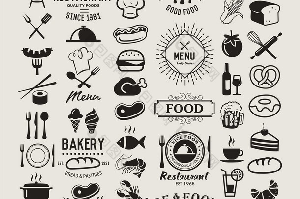 食品标识设置。餐厅，复古的设计元素、 标志、 徽章、 标签、 图标和对象